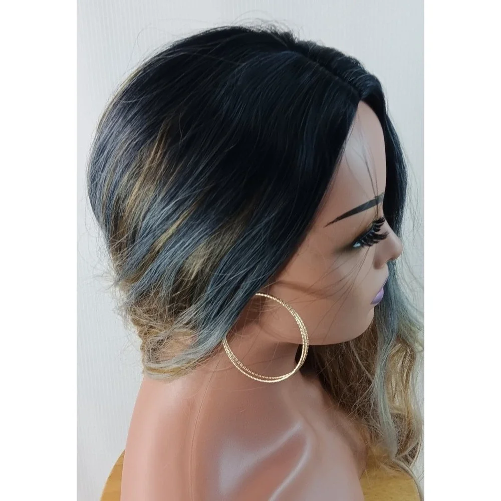 Women's Wavy synthetic layered Ombre Light Copper Brown middle part hair wig 25